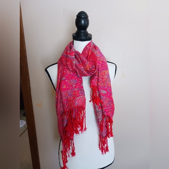 Red Paisley Bohemian Festival Fringe Scarf Shawl 27"X59" - Picture 2 of 10
